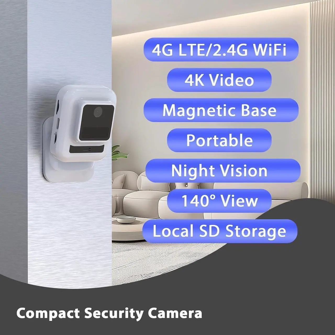 Alt view image 2 of 7 - Cellular Security Camera 4K,Mini WiFi Camera Wireless,2.4G WiFi/4G LTE,Cameras for Home Security Indoor,Mini Security Camera with Magnetic Base,SIM Card,Motion Detect,150 Miniutes Battery,Night Vision