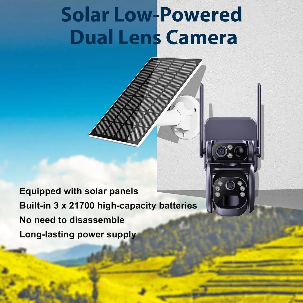 Alt view image 2 of 7 - 4G Low-Powered Solar Security Camera Outdoor, 2K No WiFi Dual Lens Linkage Security Cameras for Home Security, 2-Way Talk Cameras with PIR Motion Detection, Color Night Vision, IP66 (White)