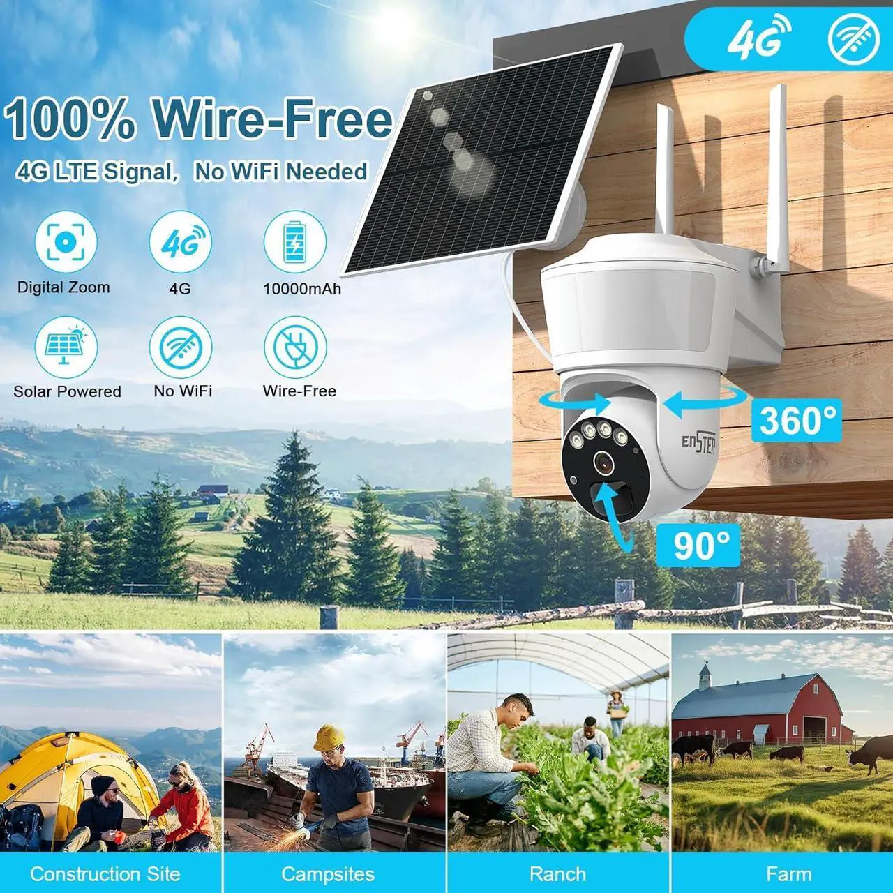 Alt view image 2 of 7 - ENSTER 4G LTE Cellular Security Camera Outdoor Wireless, 2K Solar No WiFi Security Camera with Floodlight, Spotlights, PIR Motion Sensor, Pan and Tilt, 360° Live View, Color Night Vision, SIM Card