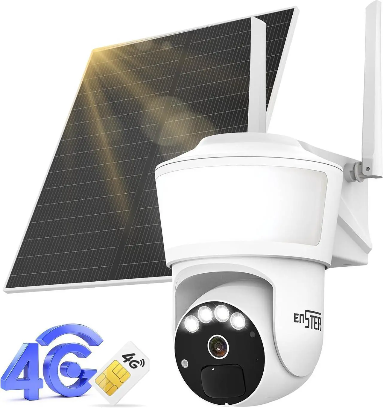 Main image of ENSTER 4G LTE Cellular Security Camera Outdoor Wireless, 2K Solar No WiFi Security Camera with Floodlight, Spotlights, PIR Motion Sensor, Pan and Tilt, 360° Live View, Color Night Vision, SIM Card