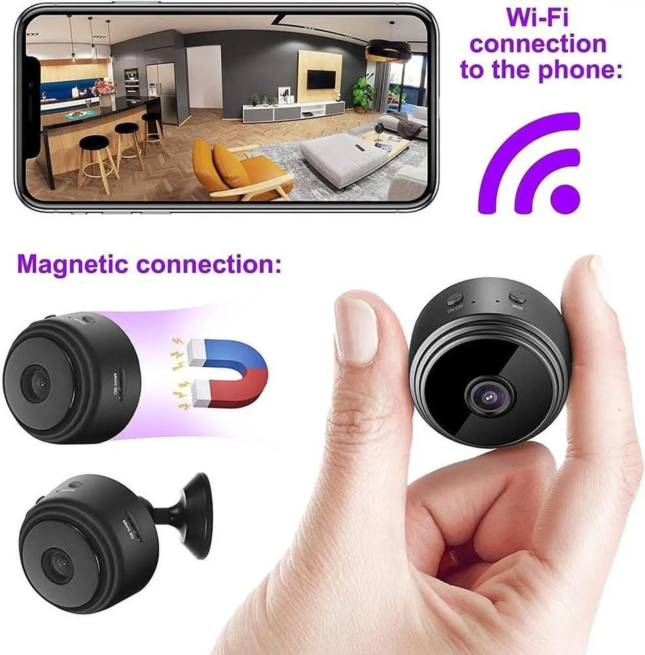 Alt view image 2 of 7 - Hidden Camera,Mini Magnetic Security Camera,Mini Camera Hidden Camera 1080p HD,Mini Camera Wireless,Mini Security Camera for Indoor Outdoor (White,3pcs)