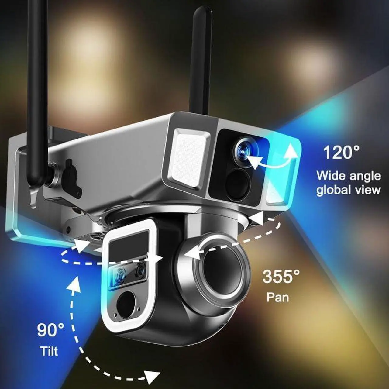 Alt view image 3 of 7 - 4K 4G/WiFi Wireless Outdoor Camera with Solar Panel Three Lens Linkage Camera, 360 PTZ Camera w/Auto Tracking, PIR Motion Detection, 10X Zoom, Color Night Vision (WiFi Version (10X Zoom))