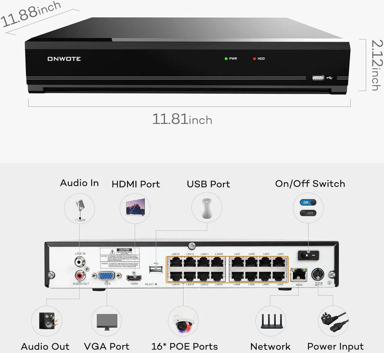 Alt view image 7 of 7 - ONWOTE 16 Channel 4K PoE NVR IP Security Video Audio Recorder, 16CH 8MP Input Commercial NVR, 2 HDD Ports Support 20TB, Only Work with ONWOTE Face Recognition Security Cameras