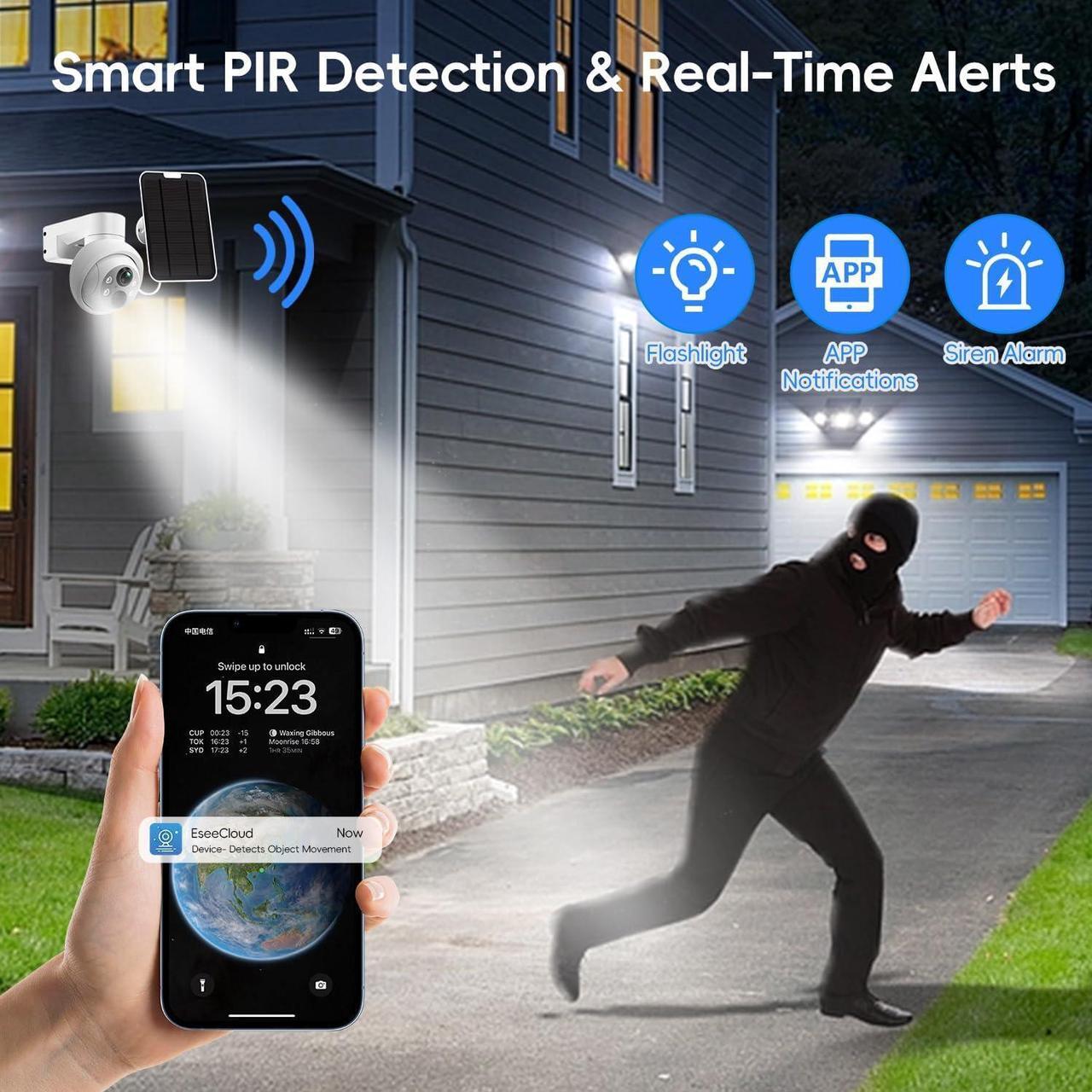 Alt view image 3 of 7 - MMQ 2.5K Wireless Solar Security Camera System, 10CH 4MP HD Solar Camera, 6Pcs PTZ Solar Camera Outdoor WiFi, Home Surveillance Cameras Worked with Alexa, PIR Detection, Two Way Talk, 128GB Storage