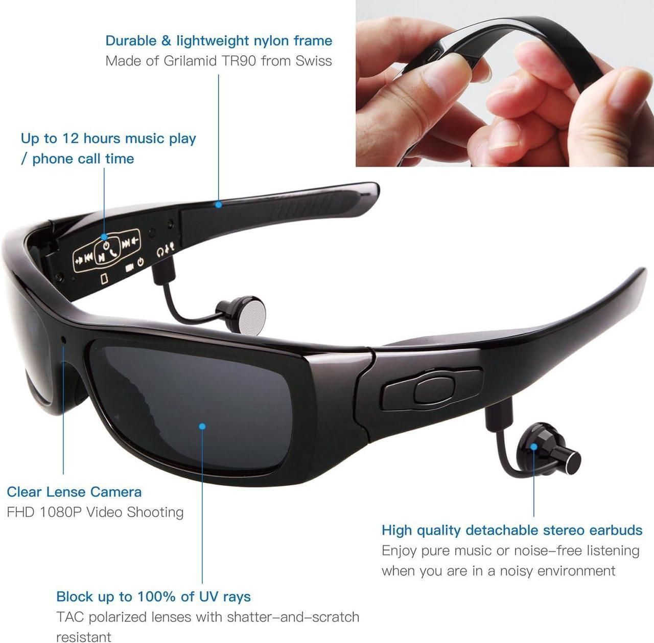 Alt view image 2 of 7 - Full HD 1080P Camera Glasses with Bluetooth Headset Wearable Camera for Android Smartphone Polarized Sunglasses UV400
