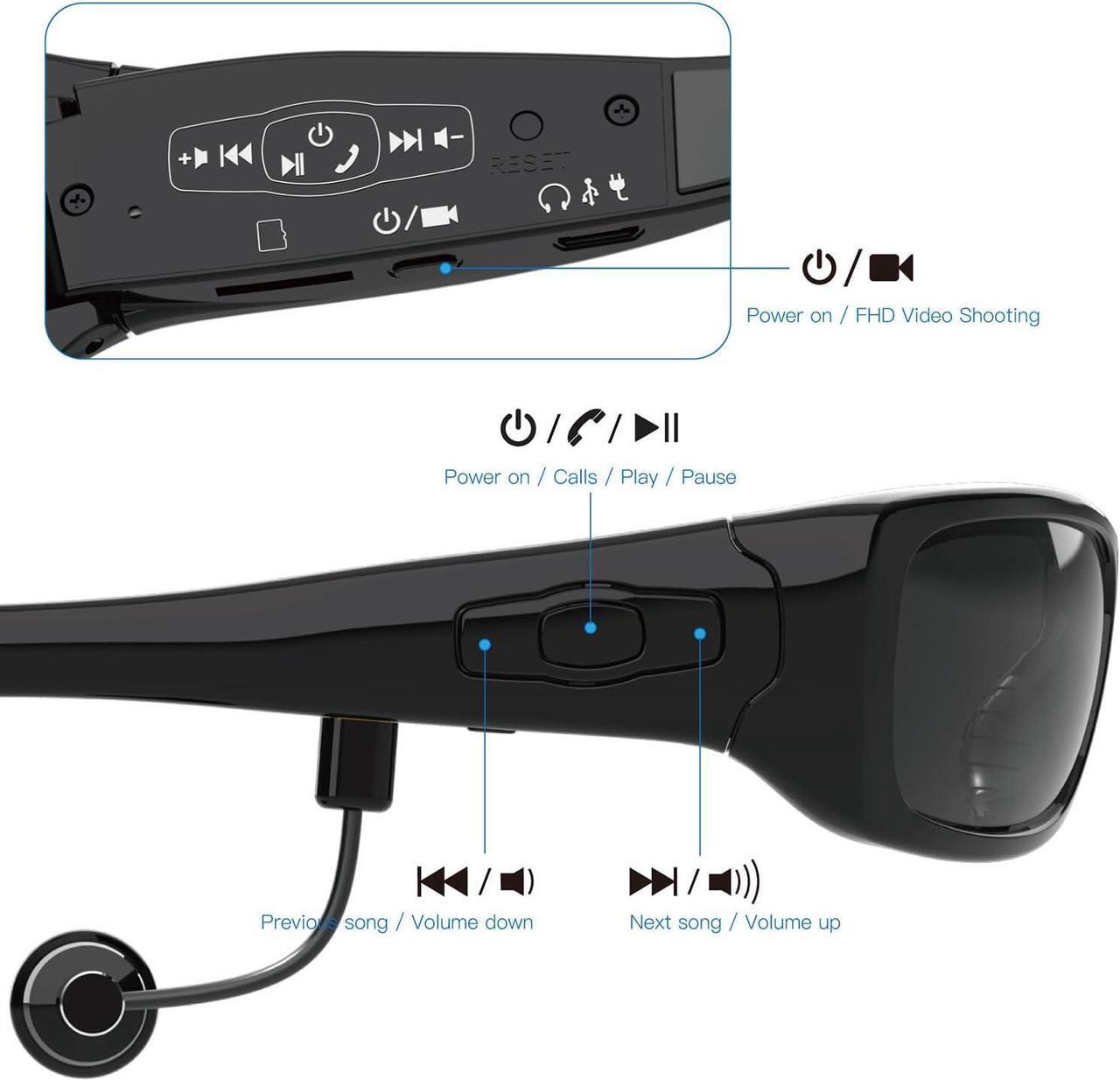 Alt view image 3 of 7 - Full HD 1080P Camera Glasses with Bluetooth Headset Wearable Camera for Android Smartphone Polarized Sunglasses UV400