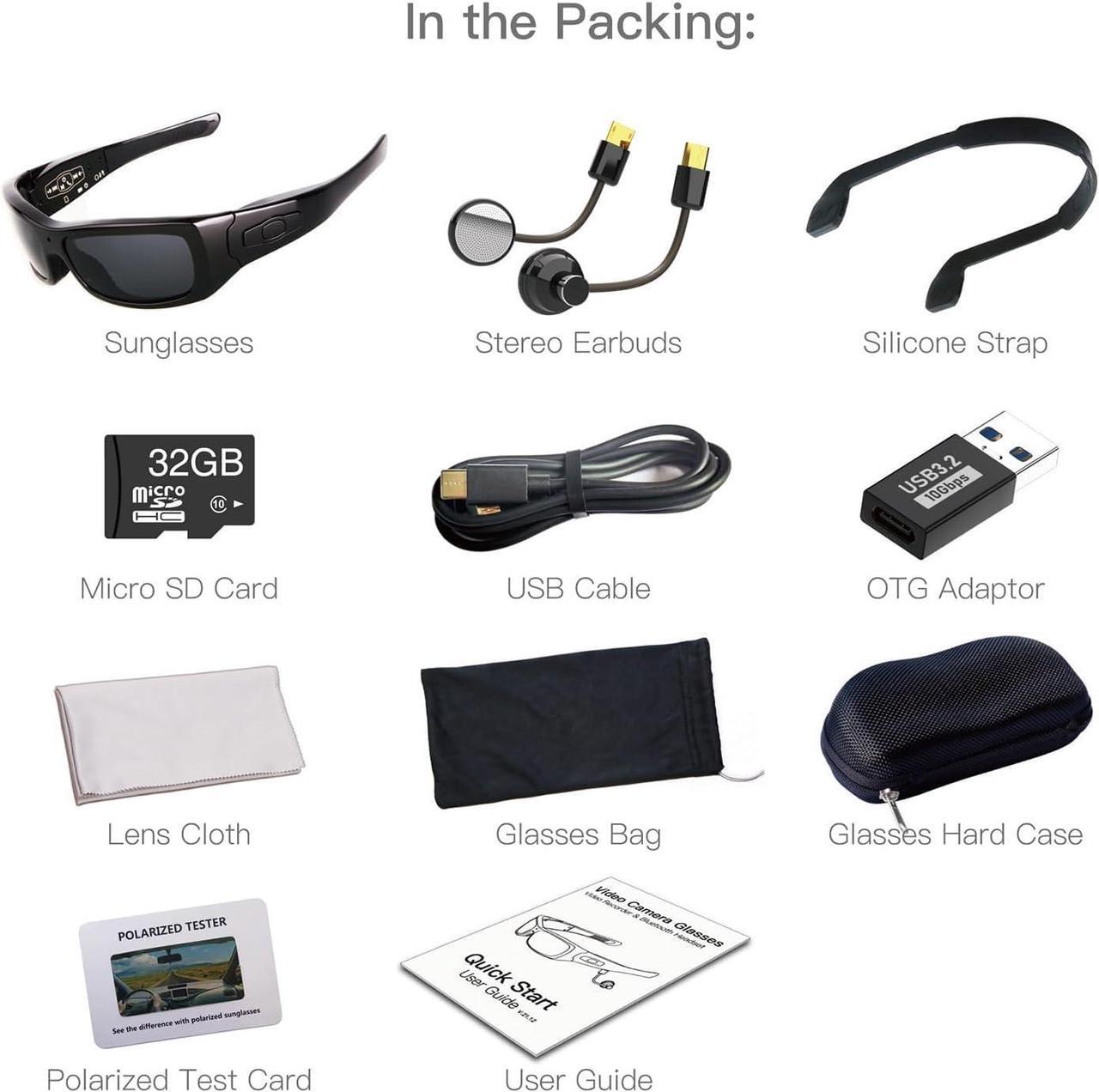 Alt view image 7 of 7 - Full HD 1080P Camera Glasses with Bluetooth Headset Wearable Camera for Android Smartphone Polarized Sunglasses UV400