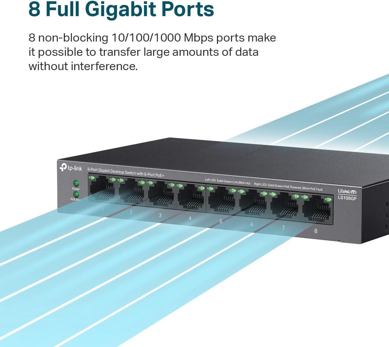 Alt view image 2 of 6 - TP-Link LS108GP | 8 Port PoE Gigabit Ethernet Switch | 8 PoE+ Port @ 62W | Plug & Play | Extend Mode | PoE Auto Recovery | Desktop/Wall Mount | Silent Operation