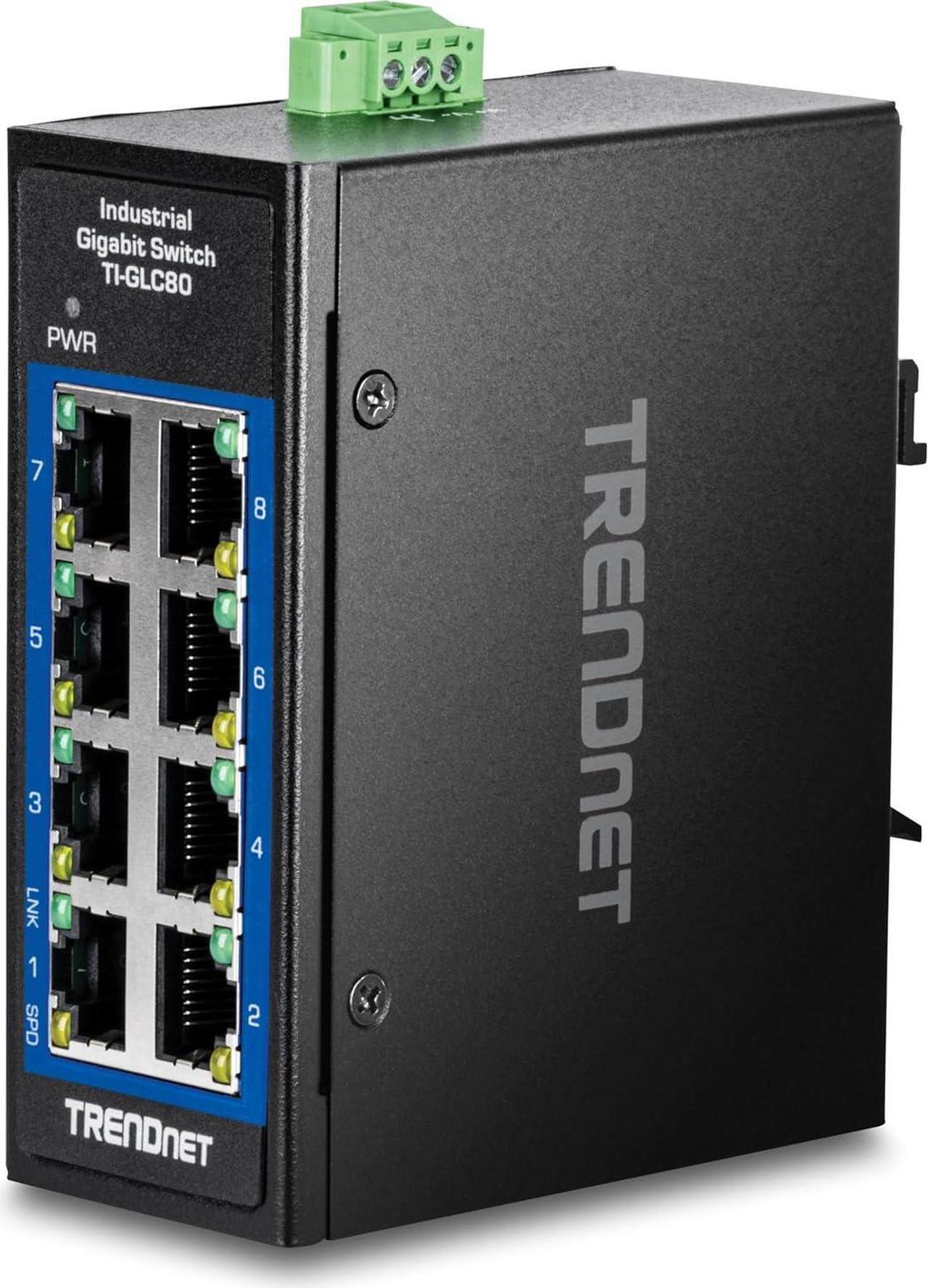 Main image of TRENDnet 8-Port Industrial Gigabit DIN-Rail Mini Switch, TI-GLC80, 8 x Gigabit Ports, Extreme Temperature IP30 Rated, 16Gbps Switch Capacity, Black