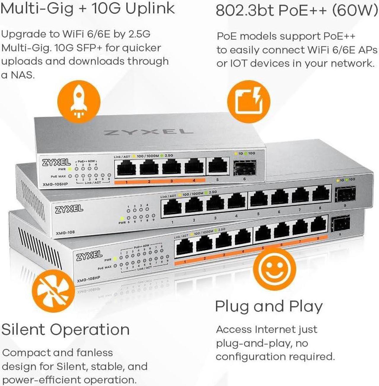 Alt view image 6 of 7 - Zyxel 8-Port 2.5Gb MultiGig Ethernet Unmanaged Switch | 8 x 100/1G/2.5G Ports + 1 x 10G SFP+ | Plug & Play | Metal Housing | Desktop or Wall-Mount | Ethernet Splitter XMG-1058