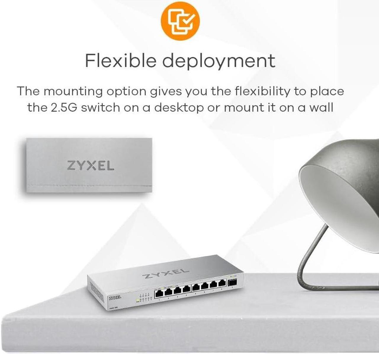 Alt view image 5 of 7 - Zyxel 8-Port 2.5Gb MultiGig Ethernet Unmanaged Switch | 8 x 100/1G/2.5G Ports + 1 x 10G SFP+ | Plug & Play | Metal Housing | Desktop or Wall-Mount | Ethernet Splitter XMG-1058