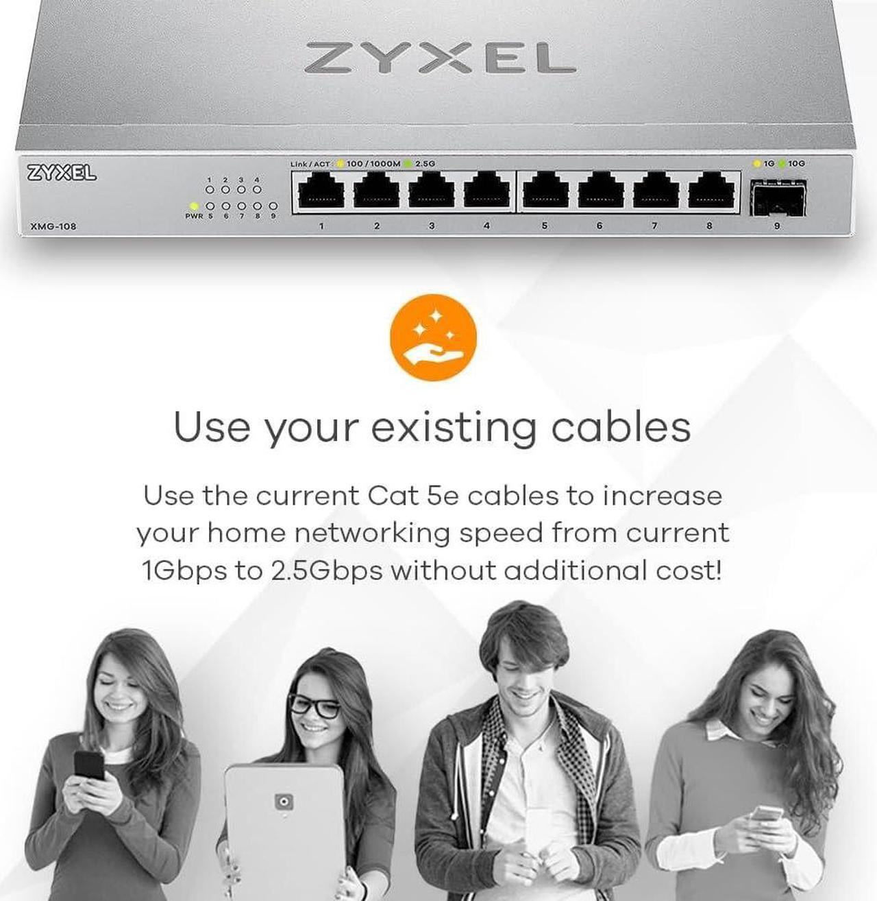 Alt view image 7 of 7 - Zyxel 8-Port 2.5Gb MultiGig Ethernet Unmanaged Switch | 8 x 100/1G/2.5G Ports + 1 x 10G SFP+ | Plug & Play | Metal Housing | Desktop or Wall-Mount | Ethernet Splitter XMG-1058