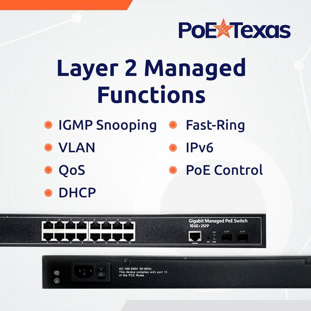 Alt view image 5 of 6 - 16-Port Rackmount Managed Network Switch - Layer 2 PoE+ Managed Switch (IEEE 802.3at) - 350W Gigabit 1 Gig Power Over Ethernet for Intelligent Buildings - Smart Support, IGMP, VLAN, QoS, DHCP