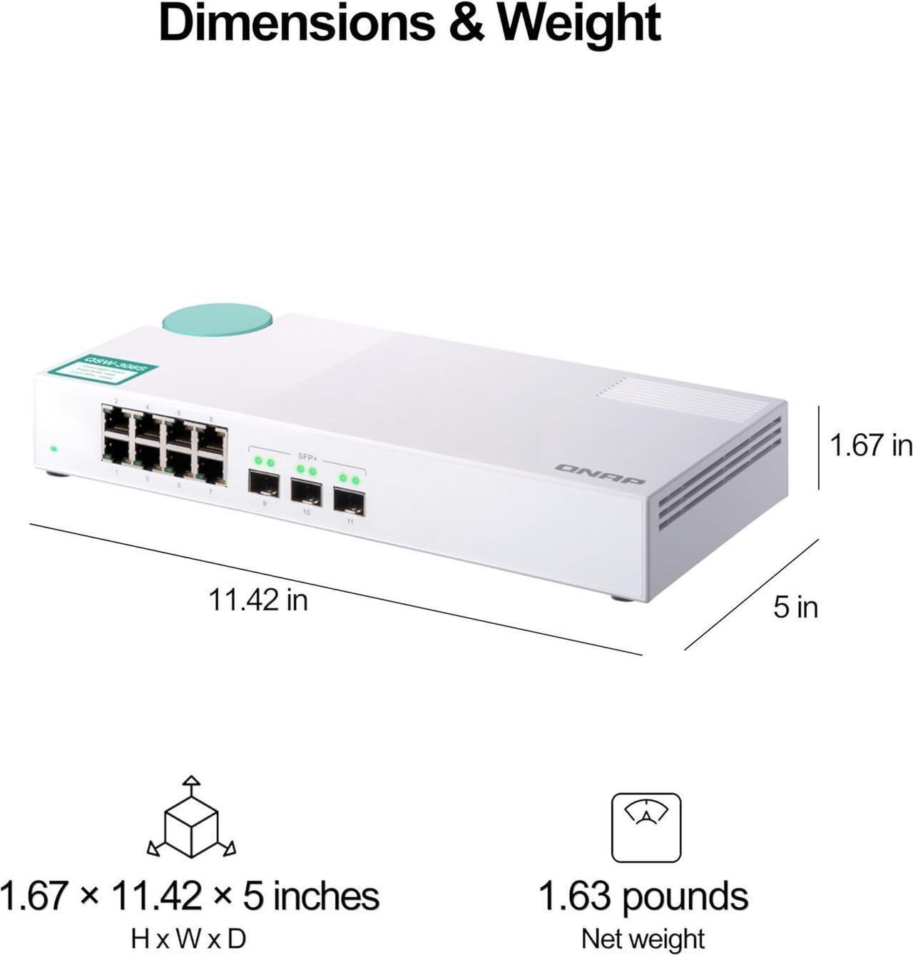 Alt view image 3 of 6 - QNAP QSW-308S 10GbE Switch, with 3-Port 10G SFP+ and 8-Port Gigabit Unmanaged Switch