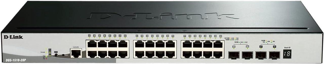 Main image of D-Link 28-Port Gigabit Stackable Smart Managed PoE+ Switch 10G Uplinks | 24 PoE+ (193W) 2 10GbE SFP+ 2 SFP Ports| L2+/L3 Lite |VLANs |Web Managed |Surveillance Mode | NDAA Compliant (DGS-1510-28P)