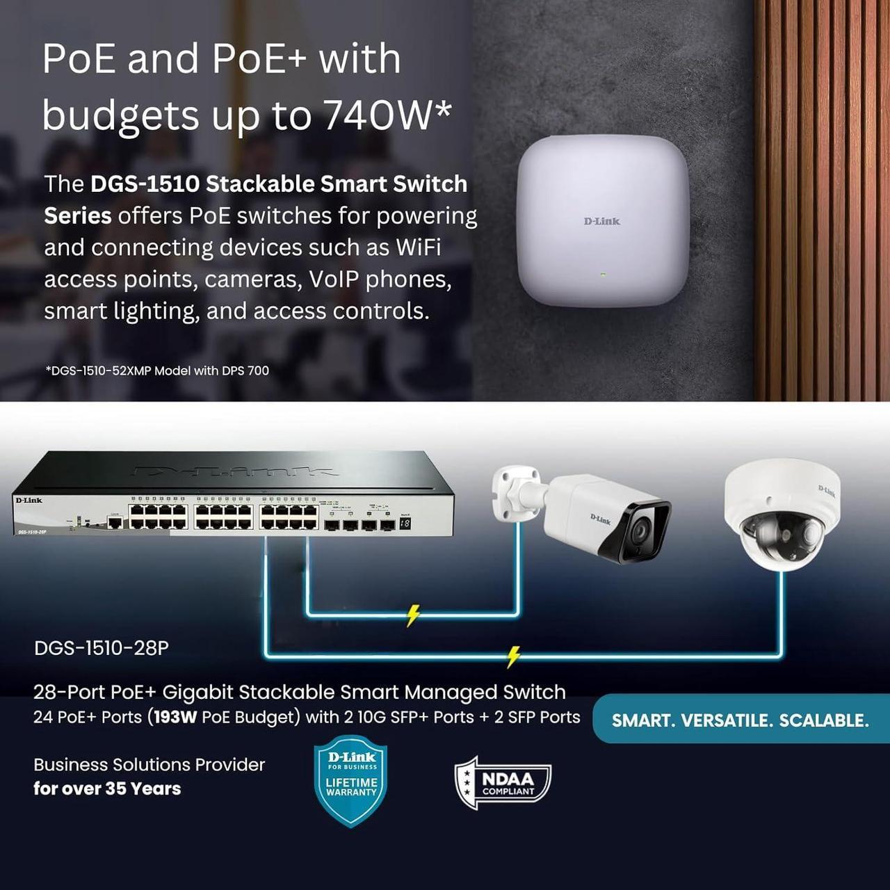 Alt view image 2 of 7 - D-Link 28-Port Gigabit Stackable Smart Managed PoE+ Switch 10G Uplinks | 24 PoE+ (193W) 2 10GbE SFP+ 2 SFP Ports| L2+/L3 Lite |VLANs |Web Managed |Surveillance Mode | NDAA Compliant (DGS-1510-28P)