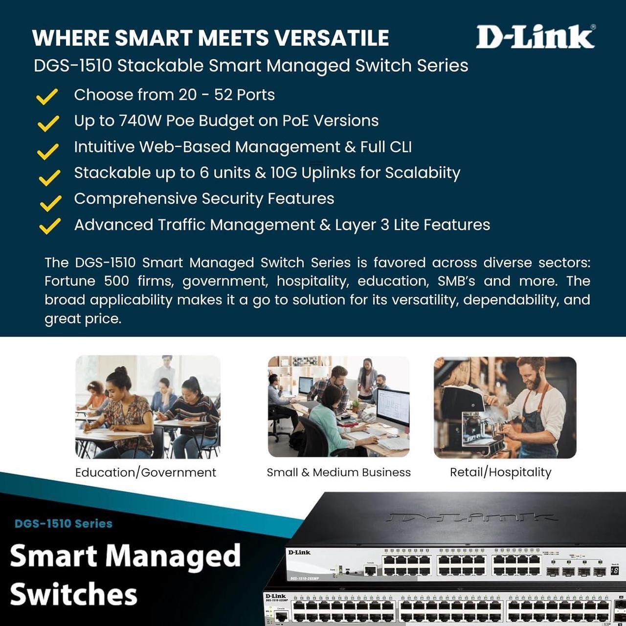 Alt view image 4 of 7 - D-Link 28-Port Gigabit Stackable Smart Managed PoE+ Switch 10G Uplinks | 24 PoE+ (193W) 2 10GbE SFP+ 2 SFP Ports| L2+/L3 Lite |VLANs |Web Managed |Surveillance Mode | NDAA Compliant (DGS-1510-28P)