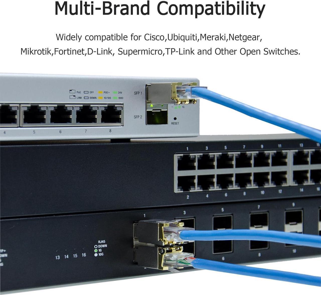 Alt view image 4 of 7 - 10Pack 1.25G/2.5G/5G/10GBase-T SFP+ Transceiver, 10G SFP+ to RJ45 Copper Module, Compatible for Cisco SFP-10G-T-S, Ubiquiti UF-RJ45-10G, Fortinet, Netgear,Mikrotik, TP-Link(CAT.6a/7, 30m/98.4ft)