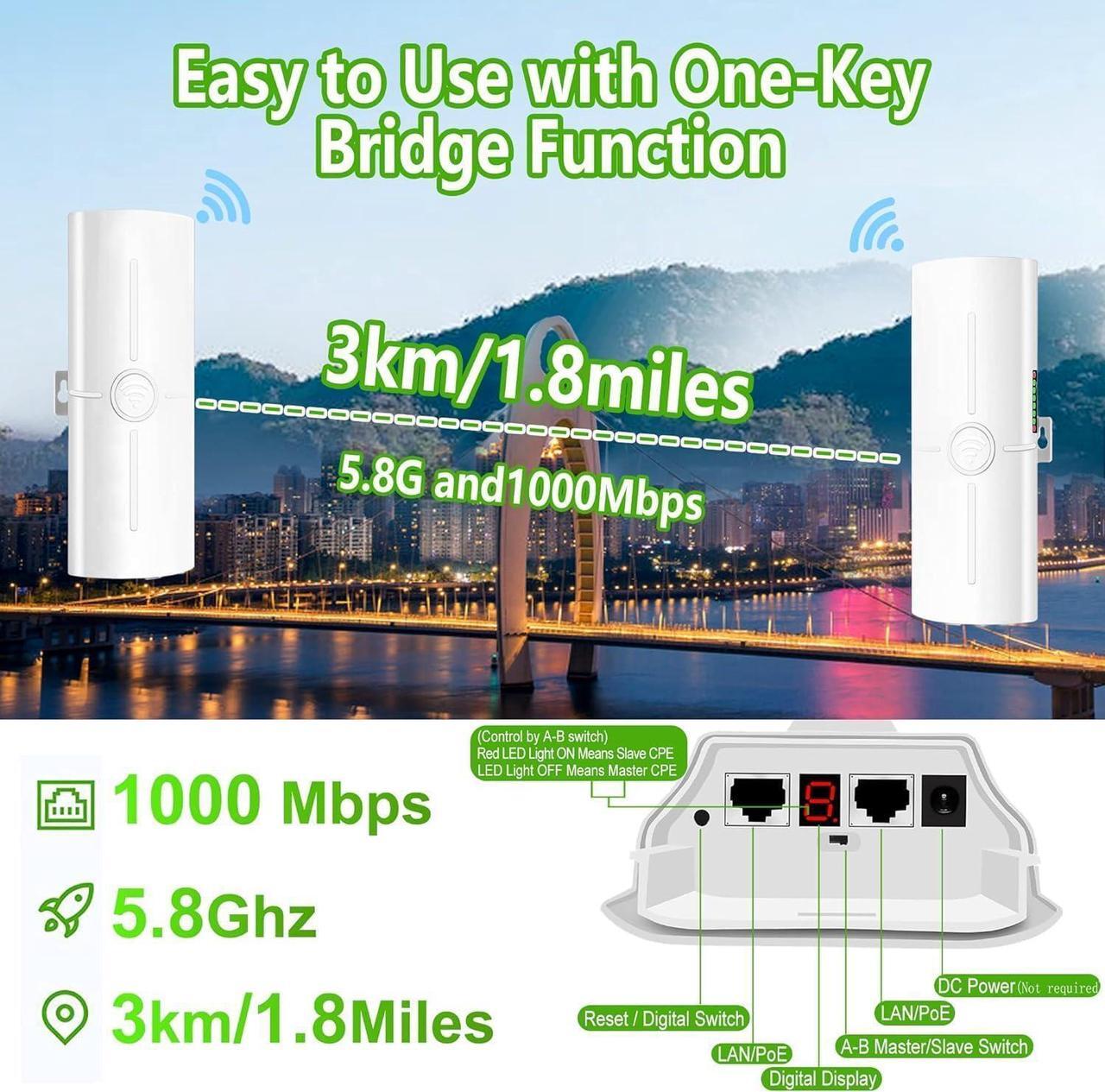 Alt view image 2 of 7 - Point to Point Wireless Bridge Outdoor,Starlink Internet Kit Satellite Complete Set,5.8G 3KM High-Speed Ethernet,100/1000Mbps RJ45 LAN Port,14dBi High-Gain Antenna,IP65,Waterproof,2-Pack