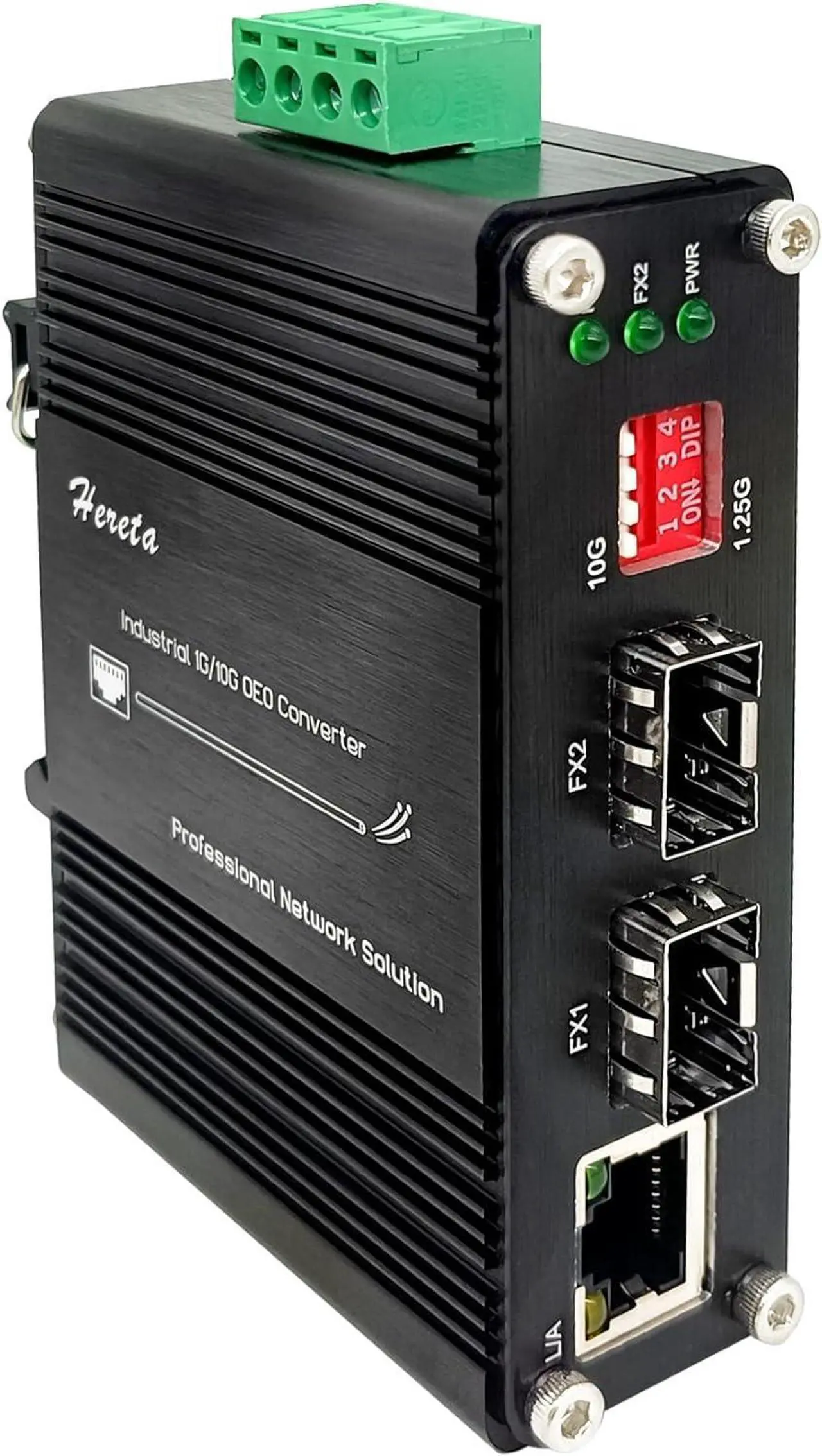 Main image of Industrial 10G SFP+ to SFP+ Ethernet Fiber Media Converter,10G OEO 3R Repeater Copper Fiber Extender up to 120km,2 x Open SFP+ + 1 x RJ45 Port,IP40,DIP Swicth,6KV Lightning Protection,12~48V DC Input