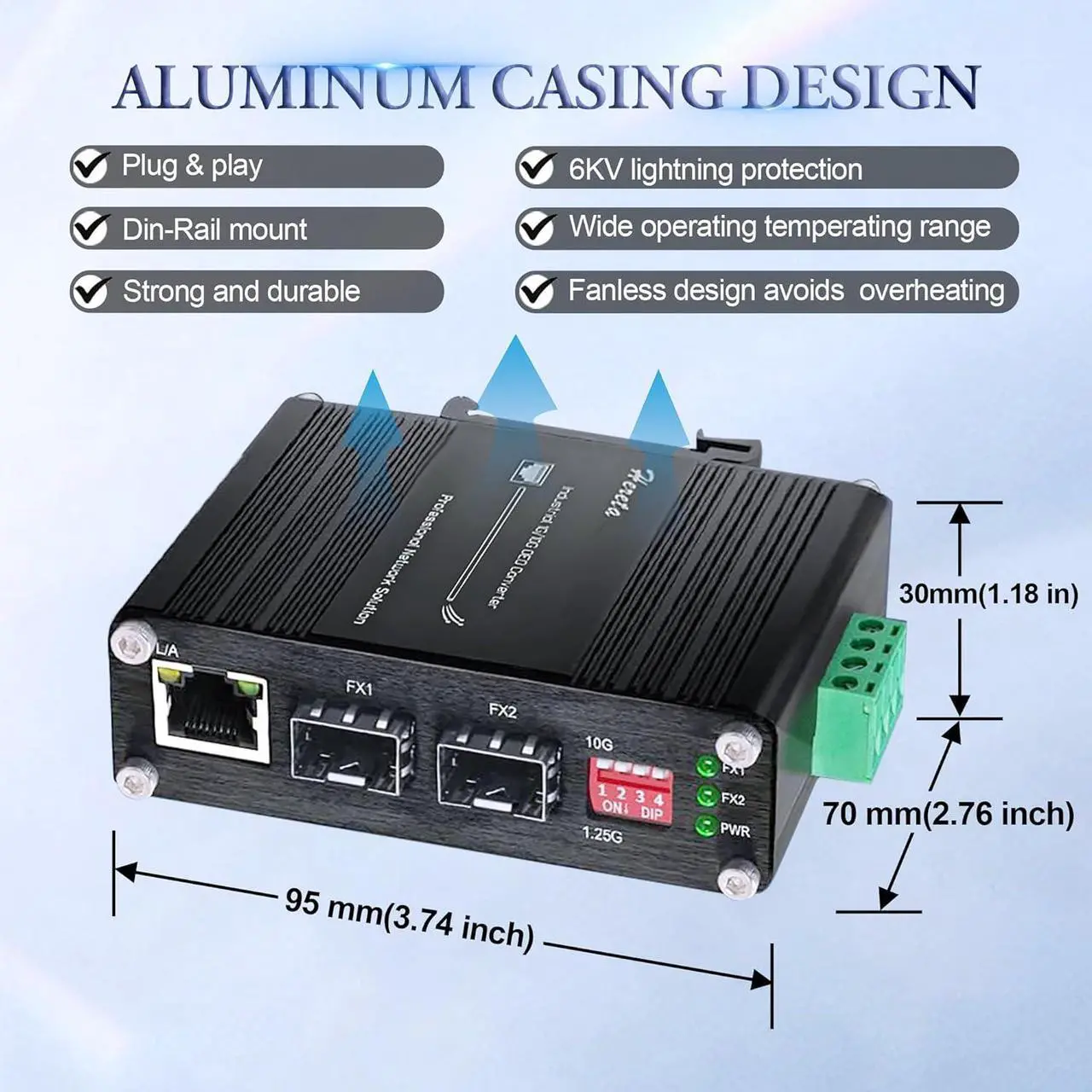 Alt view image 2 of 7 - Industrial 10G SFP+ to SFP+ Ethernet Fiber Media Converter,10G OEO 3R Repeater Copper Fiber Extender up to 120km,2 x Open SFP+ + 1 x RJ45 Port,IP40,DIP Swicth,6KV Lightning Protection,12~48V DC Input