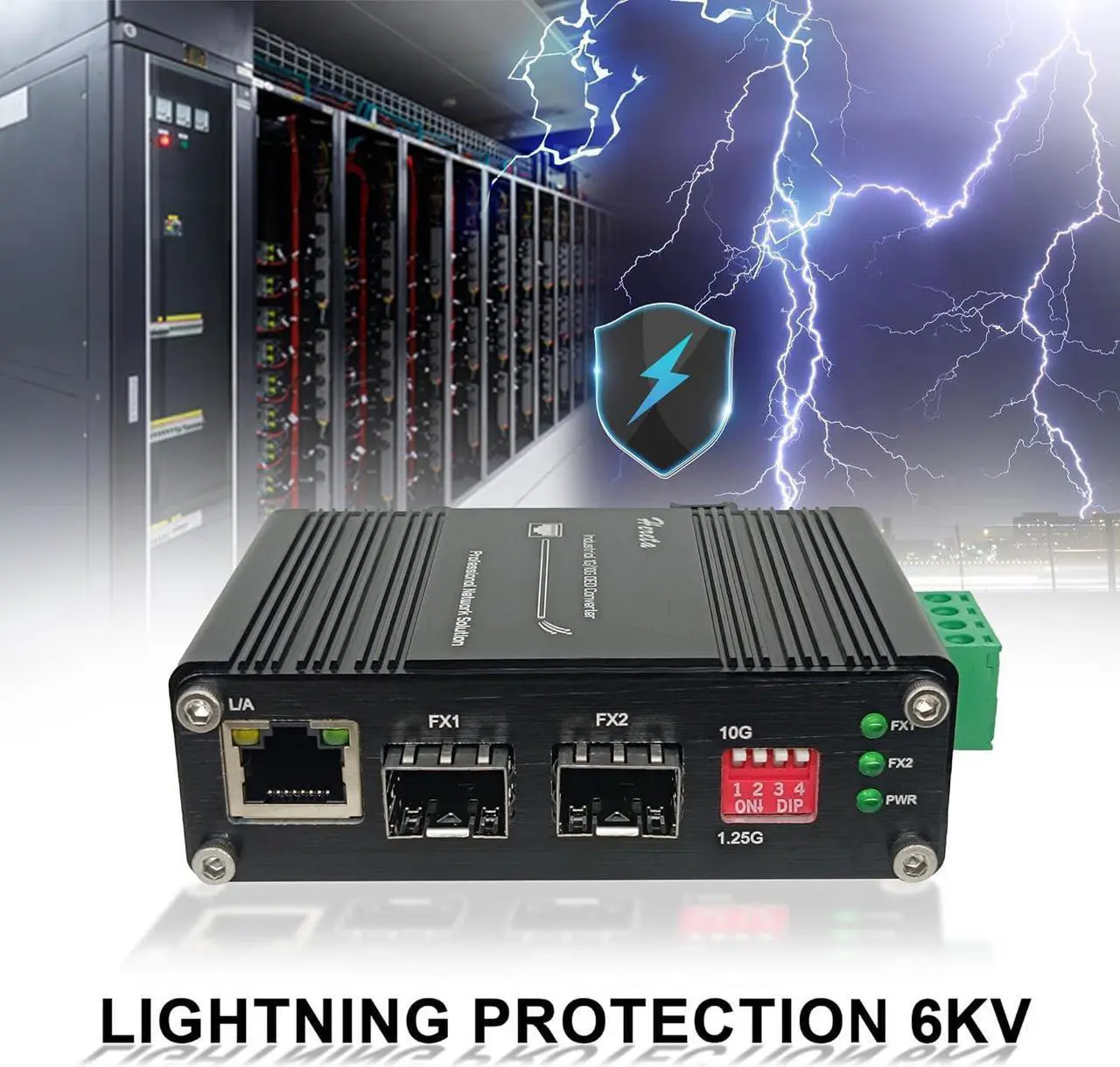 Alt view image 3 of 7 - Industrial 10G SFP+ to SFP+ Ethernet Fiber Media Converter,10G OEO 3R Repeater Copper Fiber Extender up to 120km,2 x Open SFP+ + 1 x RJ45 Port,IP40,DIP Swicth,6KV Lightning Protection,12~48V DC Input