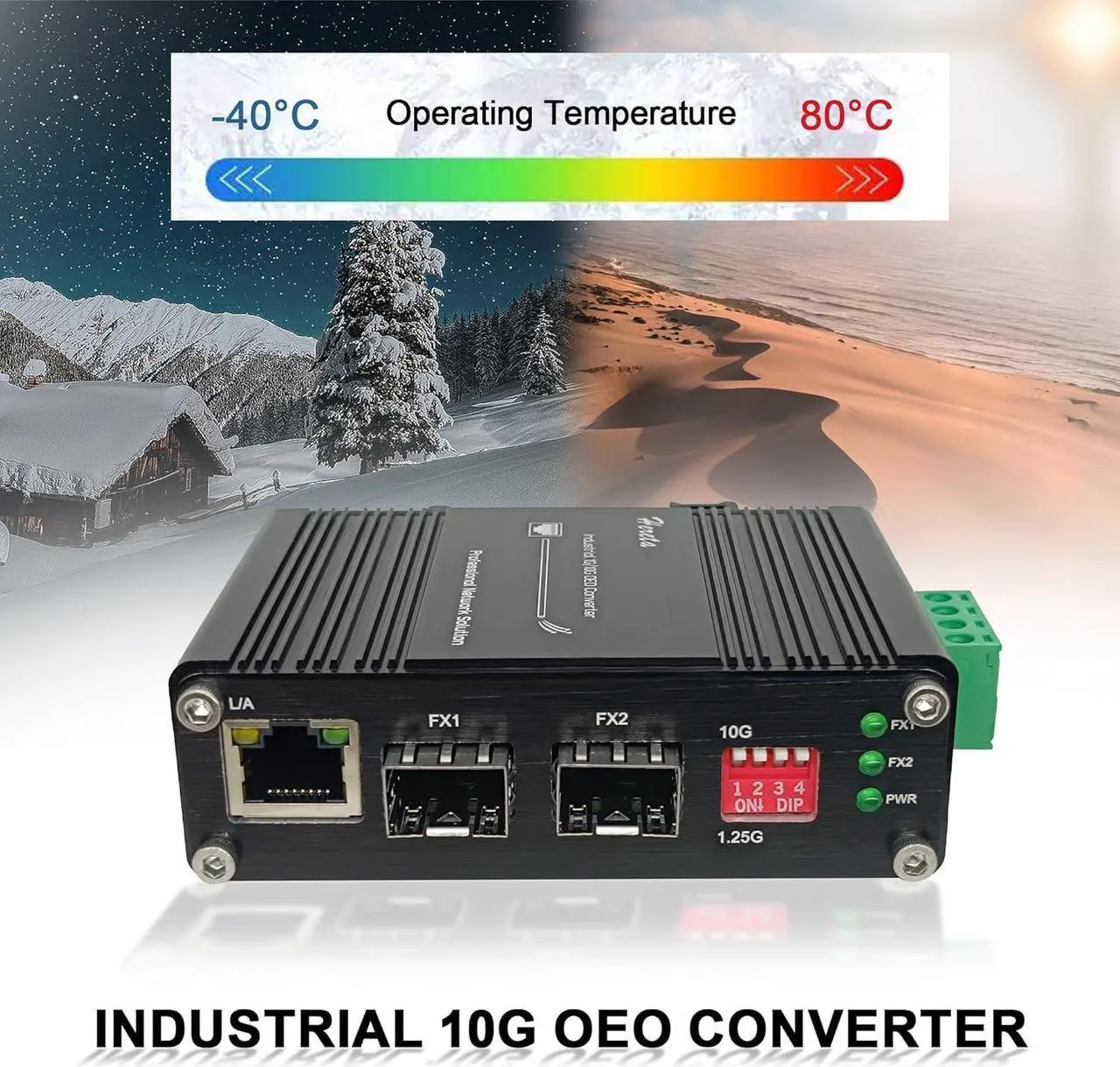 Alt view image 4 of 7 - Industrial 10G SFP+ to SFP+ Ethernet Fiber Media Converter,10G OEO 3R Repeater Copper Fiber Extender up to 120km,2 x Open SFP+ + 1 x RJ45 Port,IP40,DIP Swicth,6KV Lightning Protection,12~48V DC Input