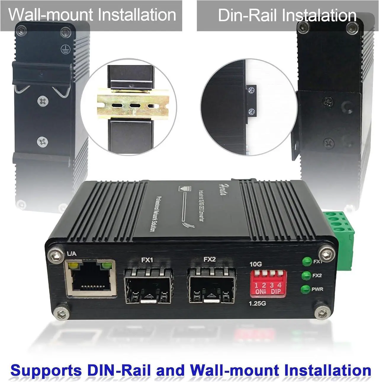 Alt view image 5 of 7 - Industrial 10G SFP+ to SFP+ Ethernet Fiber Media Converter,10G OEO 3R Repeater Copper Fiber Extender up to 120km,2 x Open SFP+ + 1 x RJ45 Port,IP40,DIP Swicth,6KV Lightning Protection,12~48V DC Input