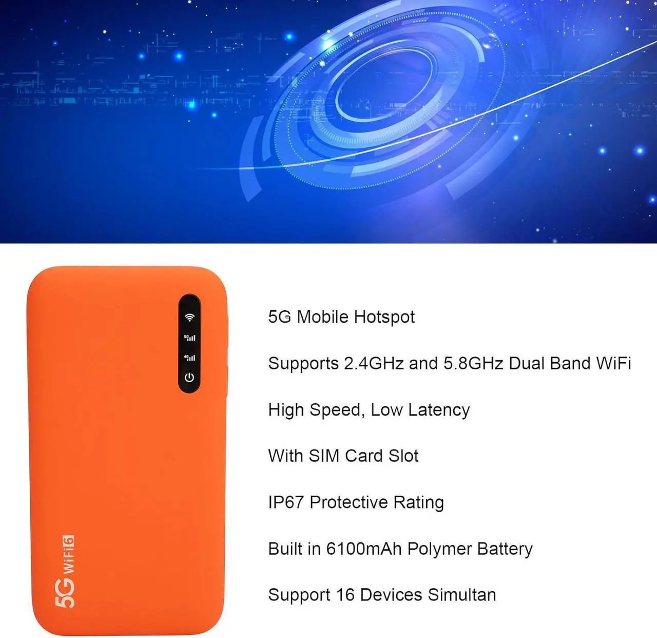 Alt view image 3 of 7 - 5G Mobile Wi Fi Hotspot, 2.77Gbps High Speed, Double Band Wi Fi6, Support 16 Devices, Portable Hotspot Router with SIM Card Slot, 6100mAh Battery Wi Fi Hotspot for Travel