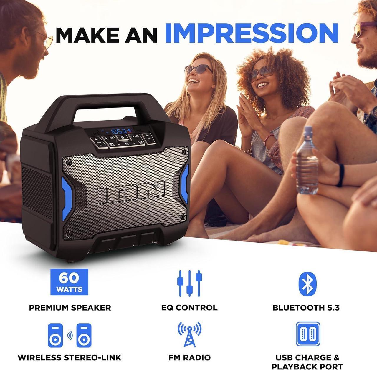 Alt view image 2 of 7 - ION Tailgater Boom - Outdoor Portable Bluetooth Speaker with Mic in, FM Radio, USB Port, Battery, IPX5 Water-Resistant, Wireless Stereo-Link, App, 60W