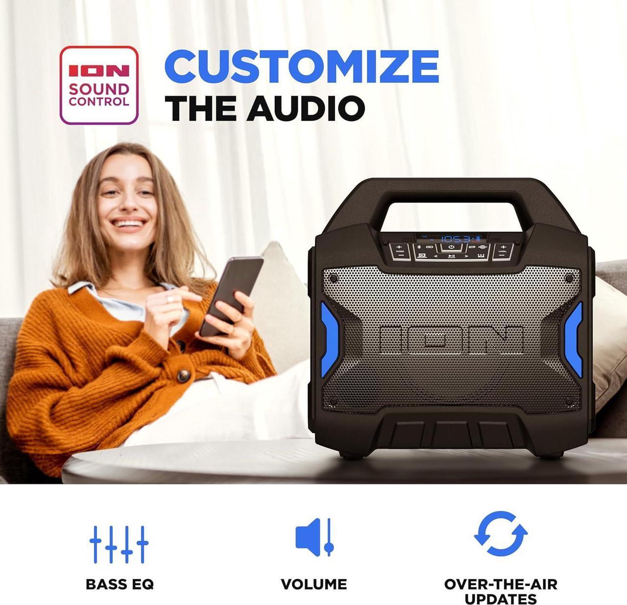 Alt view image 5 of 7 - ION Tailgater Boom - Outdoor Portable Bluetooth Speaker with Mic in, FM Radio, USB Port, Battery, IPX5 Water-Resistant, Wireless Stereo-Link, App, 60W