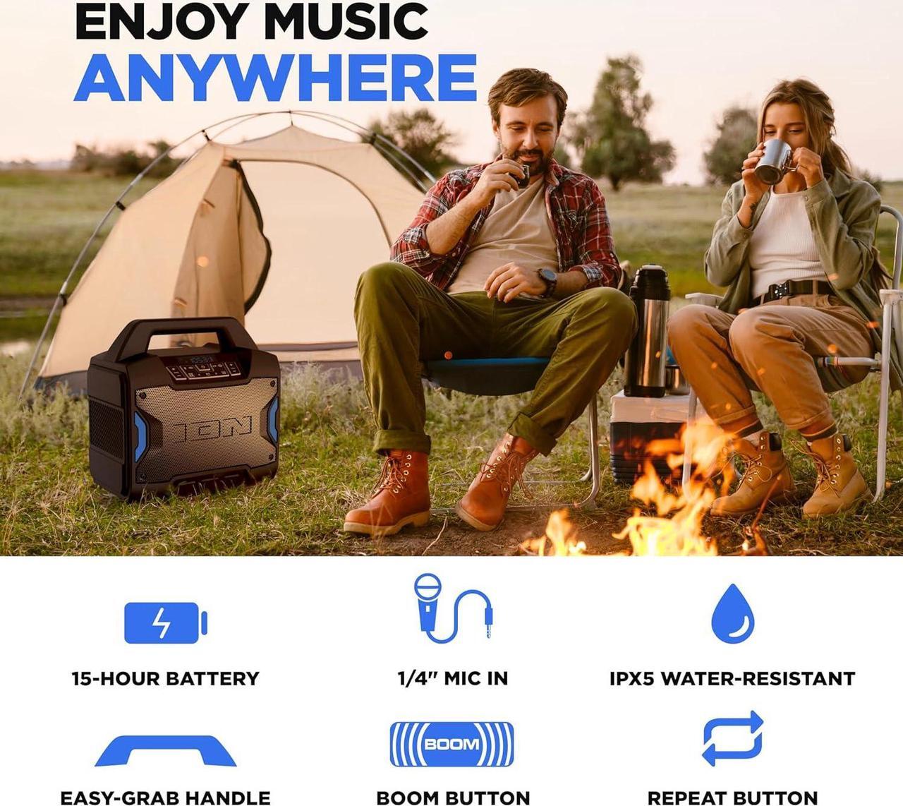 Alt view image 4 of 7 - ION Tailgater Boom - Outdoor Portable Bluetooth Speaker with Mic in, FM Radio, USB Port, Battery, IPX5 Water-Resistant, Wireless Stereo-Link, App, 60W