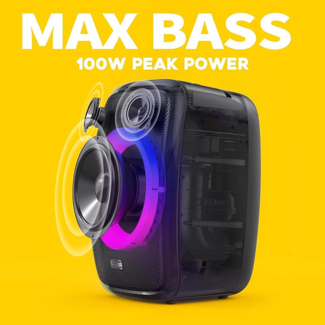 Alt view image 2 of 7 - DOSS PartyBoom Bluetooth Speaker with Extra Large Subwoofer, 100W Peak Power Stereo Sound, Rich Bass, Mixed Colors Lights, PartySync, Mic and Guitar Inputs, Wireless Speaker for Home, Outdoor, Party
