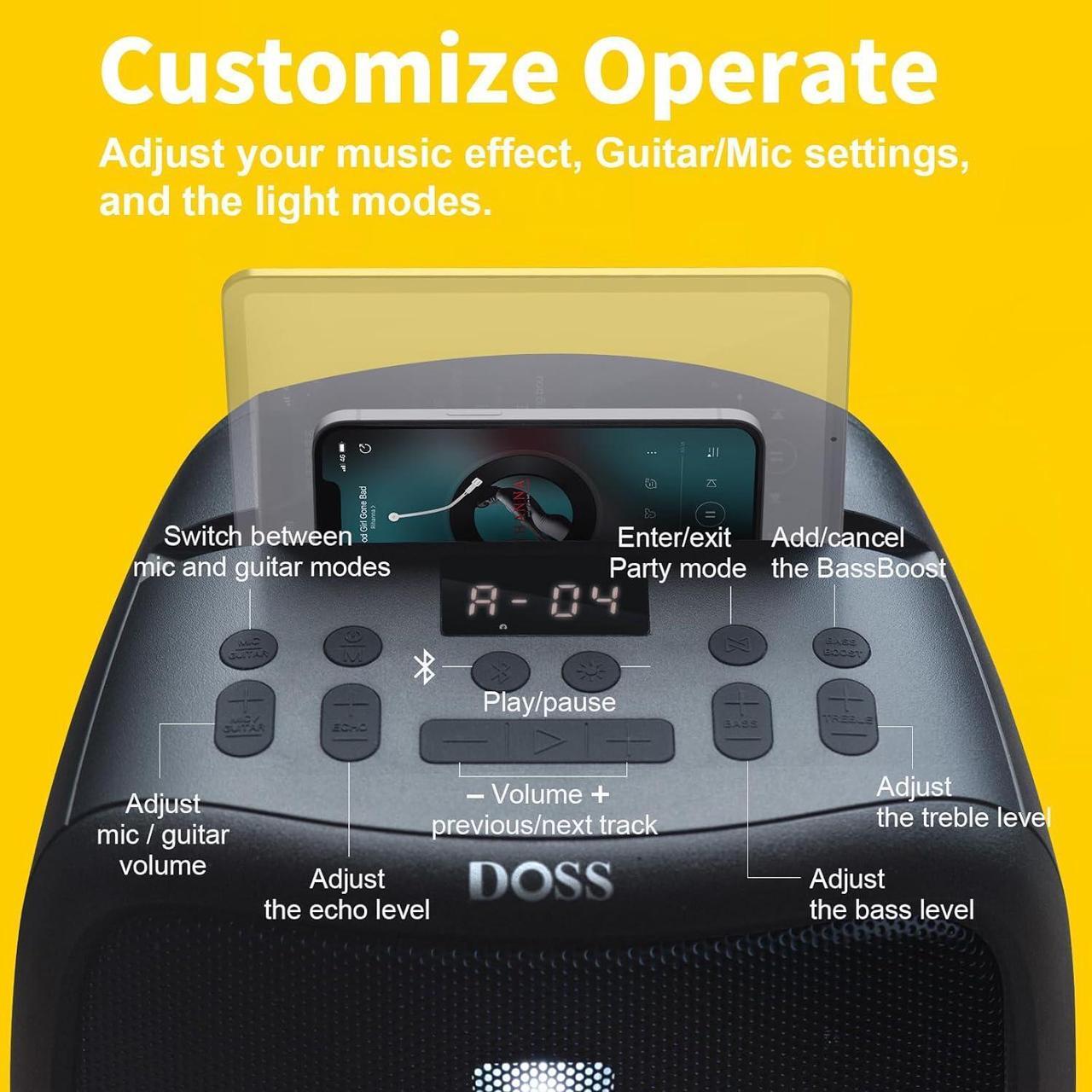 Alt view image 4 of 7 - DOSS PartyBoom Bluetooth Speaker with Extra Large Subwoofer, 100W Peak Power Stereo Sound, Rich Bass, Mixed Colors Lights, PartySync, Mic and Guitar Inputs, Wireless Speaker for Home, Outdoor, Party