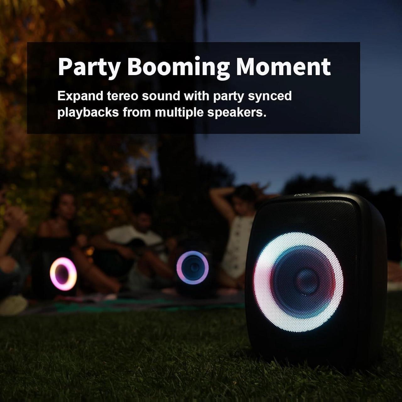Alt view image 6 of 7 - DOSS PartyBoom Bluetooth Speaker with Extra Large Subwoofer, 100W Peak Power Stereo Sound, Rich Bass, Mixed Colors Lights, PartySync, Mic and Guitar Inputs, Wireless Speaker for Home, Outdoor, Party