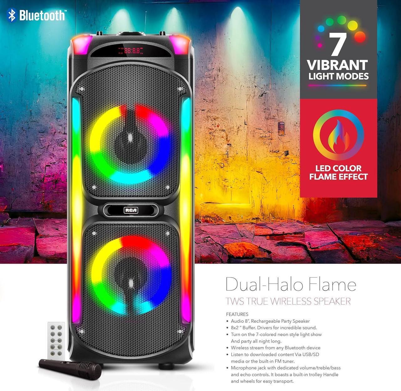 Alt view image 6 of 7 - RCA Disco 88 Flame Effect Bluetooth Speaker with Mic, Dual 8" Woofers, LED Lights, Mic Included