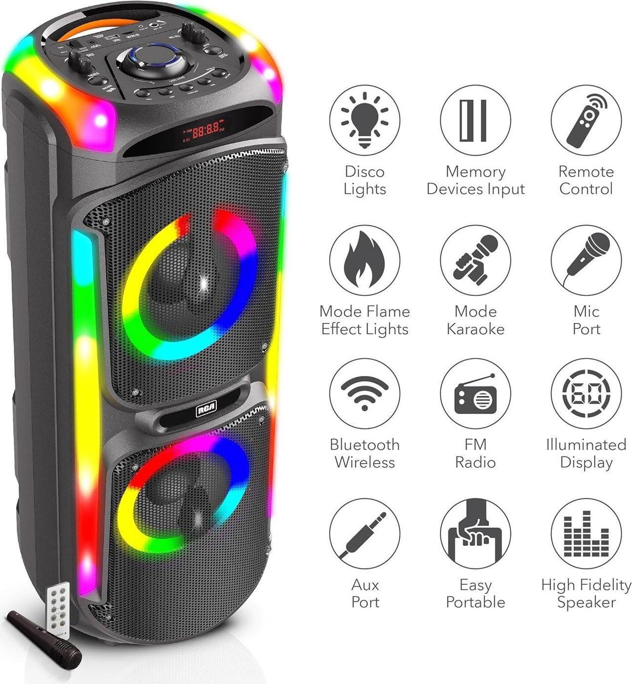 Alt view image 3 of 7 - RCA Disco 88 Flame Effect Bluetooth Speaker with Mic, Dual 8" Woofers, LED Lights, Mic Included