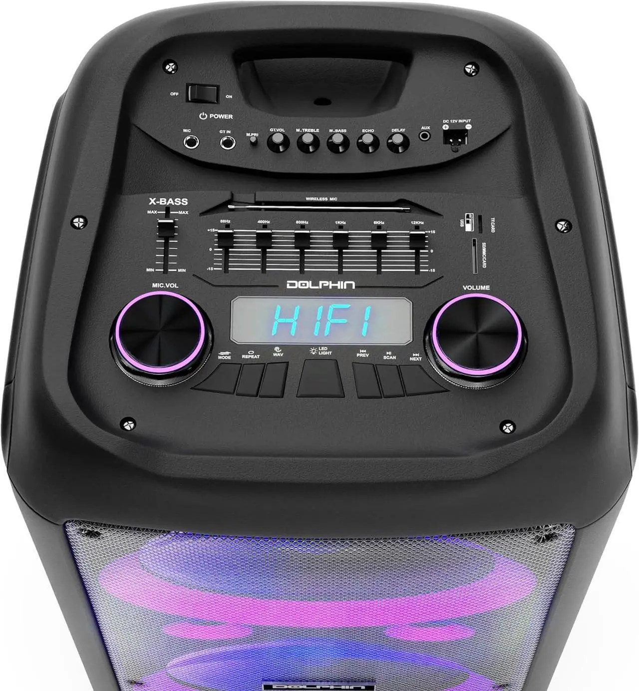 Alt view image 2 of 7 - Dolphin SP-1270RBT Dual 12-Inch Premium Party Bluetooth Speaker, Bluetooth/USB/SD/FM/AUX, X-Bass, 5-Band EQ, LED Display, Quad Ring Lights