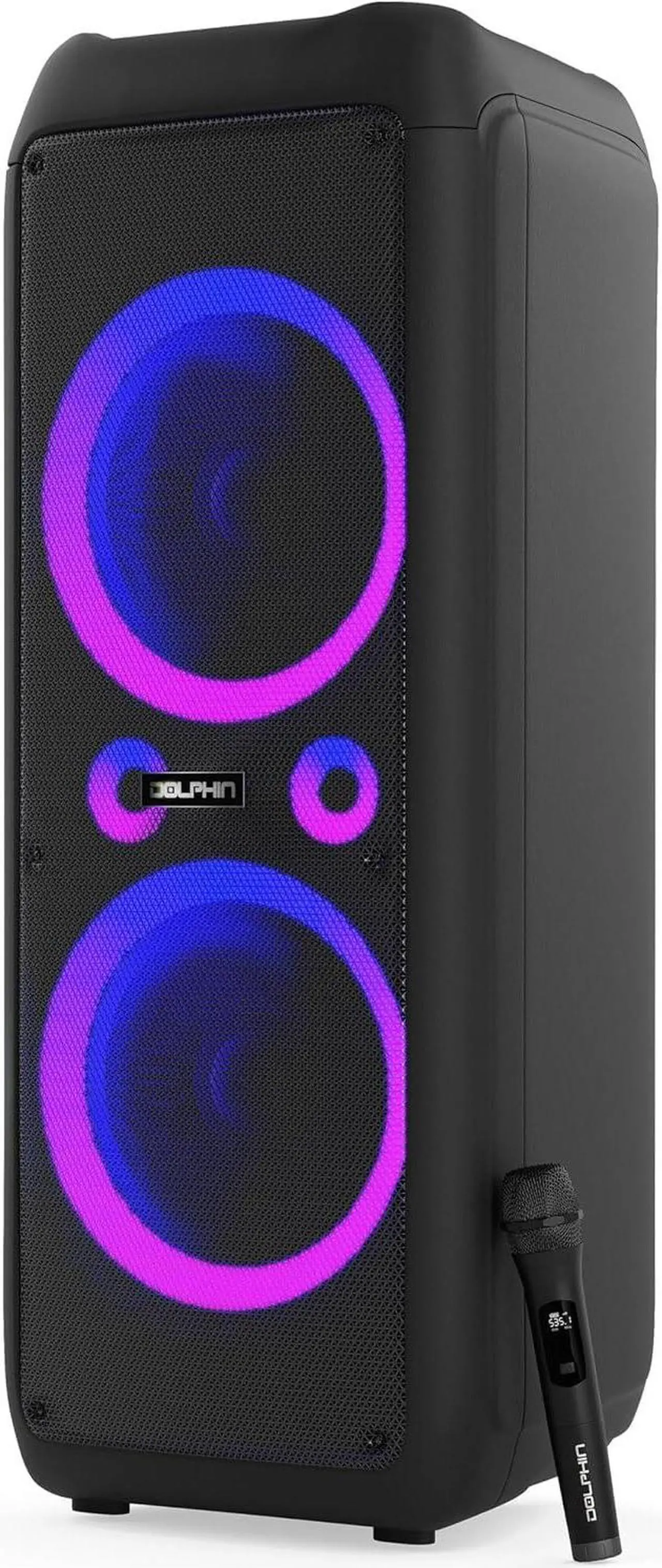 Alt view image 3 of 7 - Dolphin SP-1270RBT Dual 12-Inch Premium Party Bluetooth Speaker, Bluetooth/USB/SD/FM/AUX, X-Bass, 5-Band EQ, LED Display, Quad Ring Lights