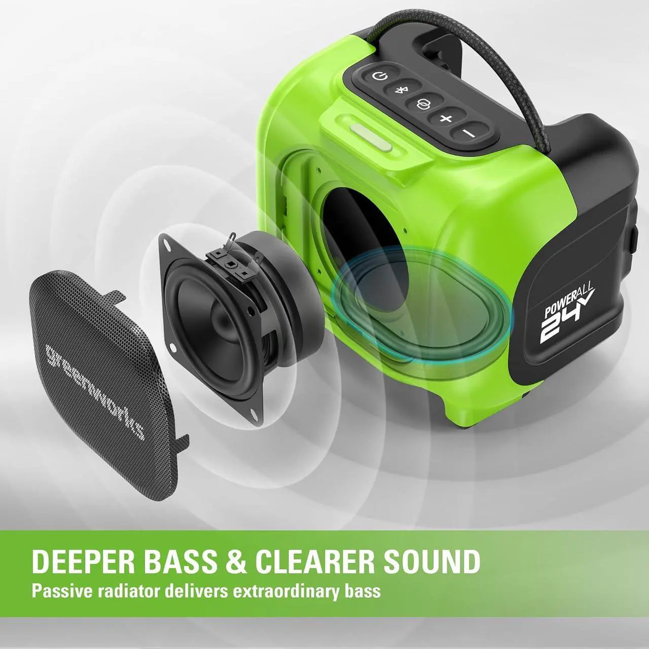 Alt view image 3 of 7 - Greenworks 24V Bluetooth Compact Speaker, AC/DC Wireless Portable Worksite Speaker, 2Ah Battery and Charger Included