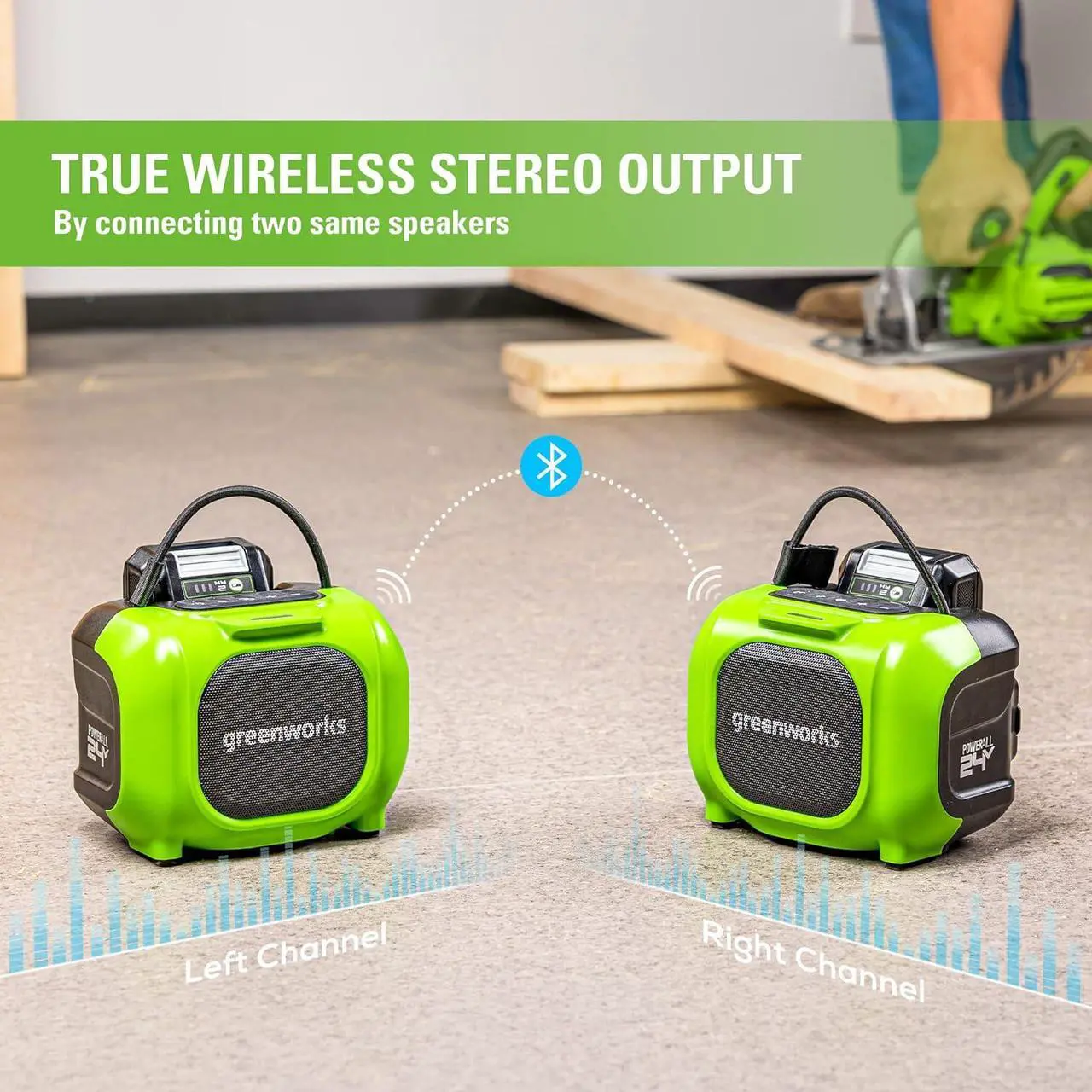 Alt view image 4 of 7 - Greenworks 24V Bluetooth Compact Speaker, AC/DC Wireless Portable Worksite Speaker, 2Ah Battery and Charger Included