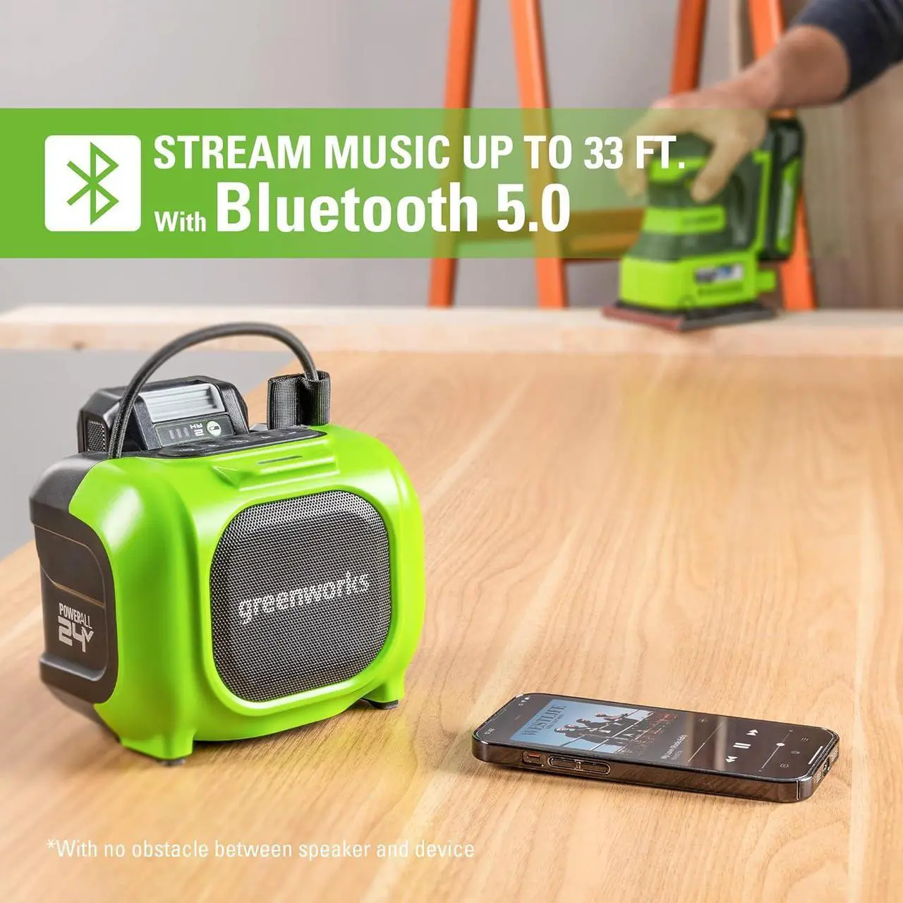 Alt view image 6 of 7 - Greenworks 24V Bluetooth Compact Speaker, AC/DC Wireless Portable Worksite Speaker, 2Ah Battery and Charger Included