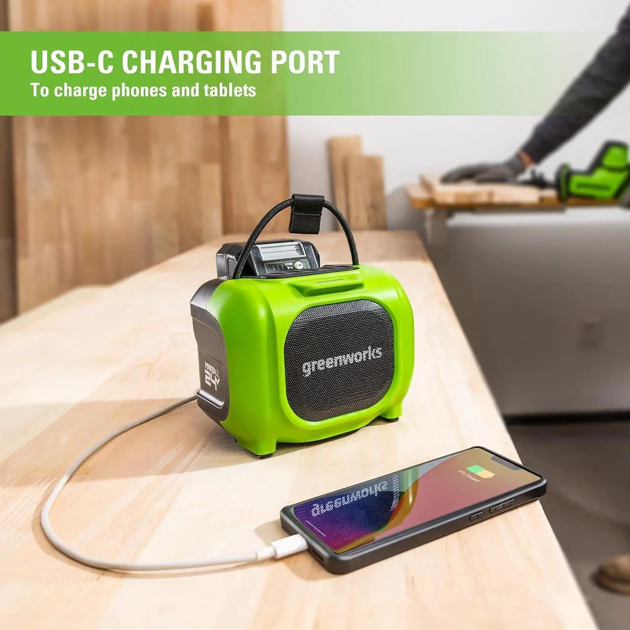 Alt view image 5 of 7 - Greenworks 24V Bluetooth Compact Speaker, AC/DC Wireless Portable Worksite Speaker, 2Ah Battery and Charger Included