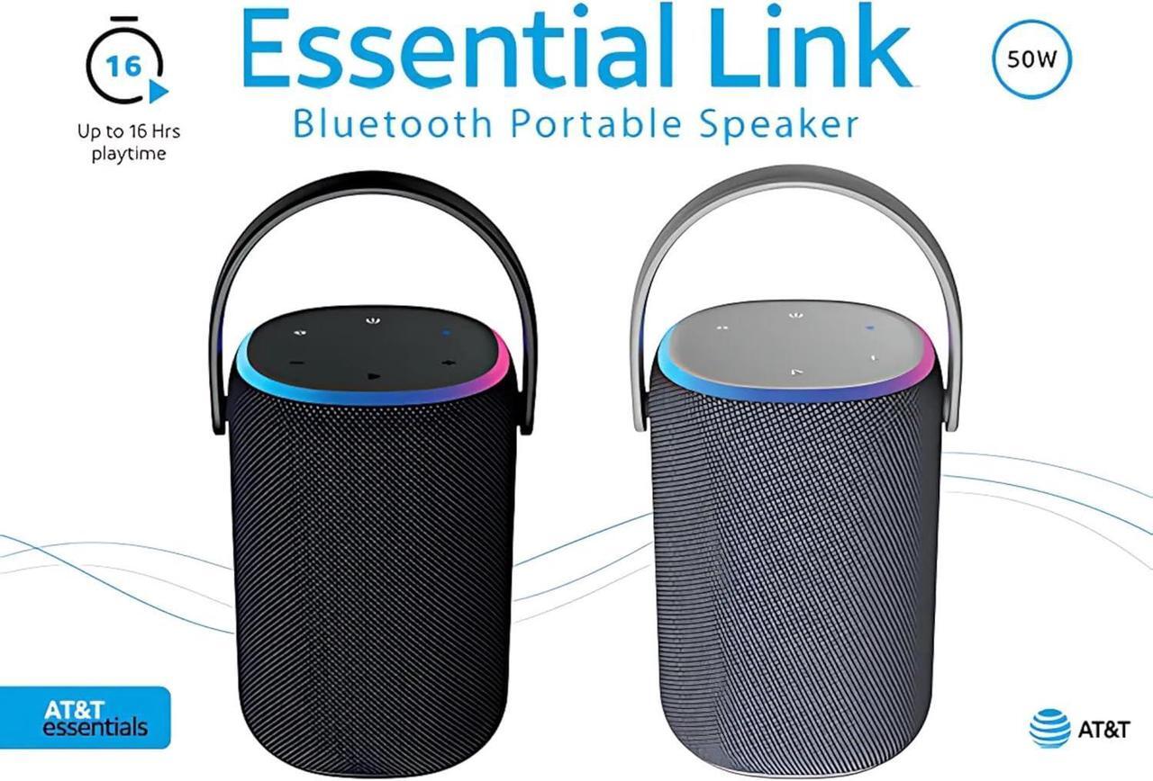 Alt view image 6 of 7 - AT&T Essentials Portable Wireless 50W Bluetooth Speaker with Handle, 16 Hour Playtime, 60 Range, Switchable RGB Lighting, Built-in Microphone (Gray)