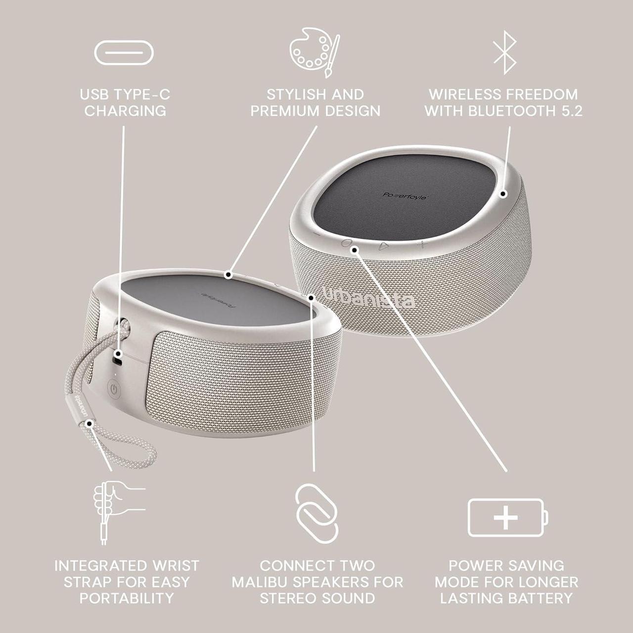 Alt view image 5 of 7 - Urbanista Malibu Small Solar Bluetooth Speaker, 20W Wireless Portable Speaker, Infinite Playtime, IP67 Waterproof Speaker for Outdoor, Travel, Dual Pairing Speakers for iPhone, Samsung & More, Grey