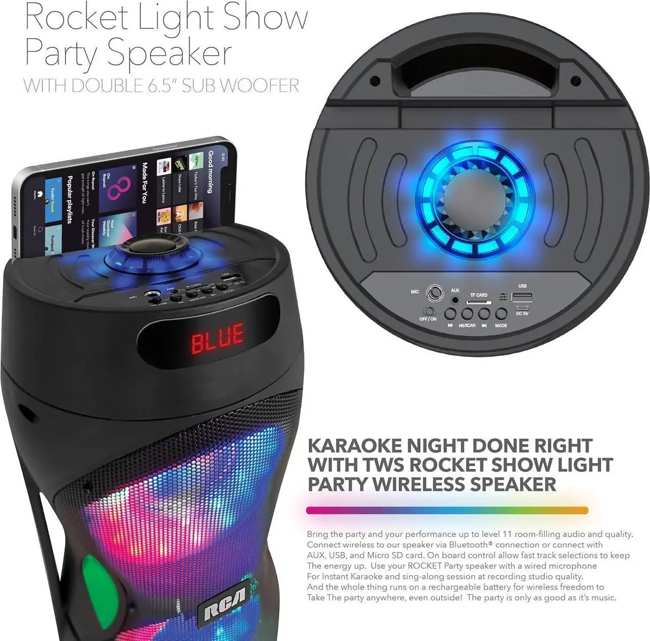 Alt view image 7 of 7 - RCA Disco 206 RGB Bluetooth Speaker with Mic & LED Light Show, Dual 6.5" Woofers, Mic Input, and Built-in FM Radio