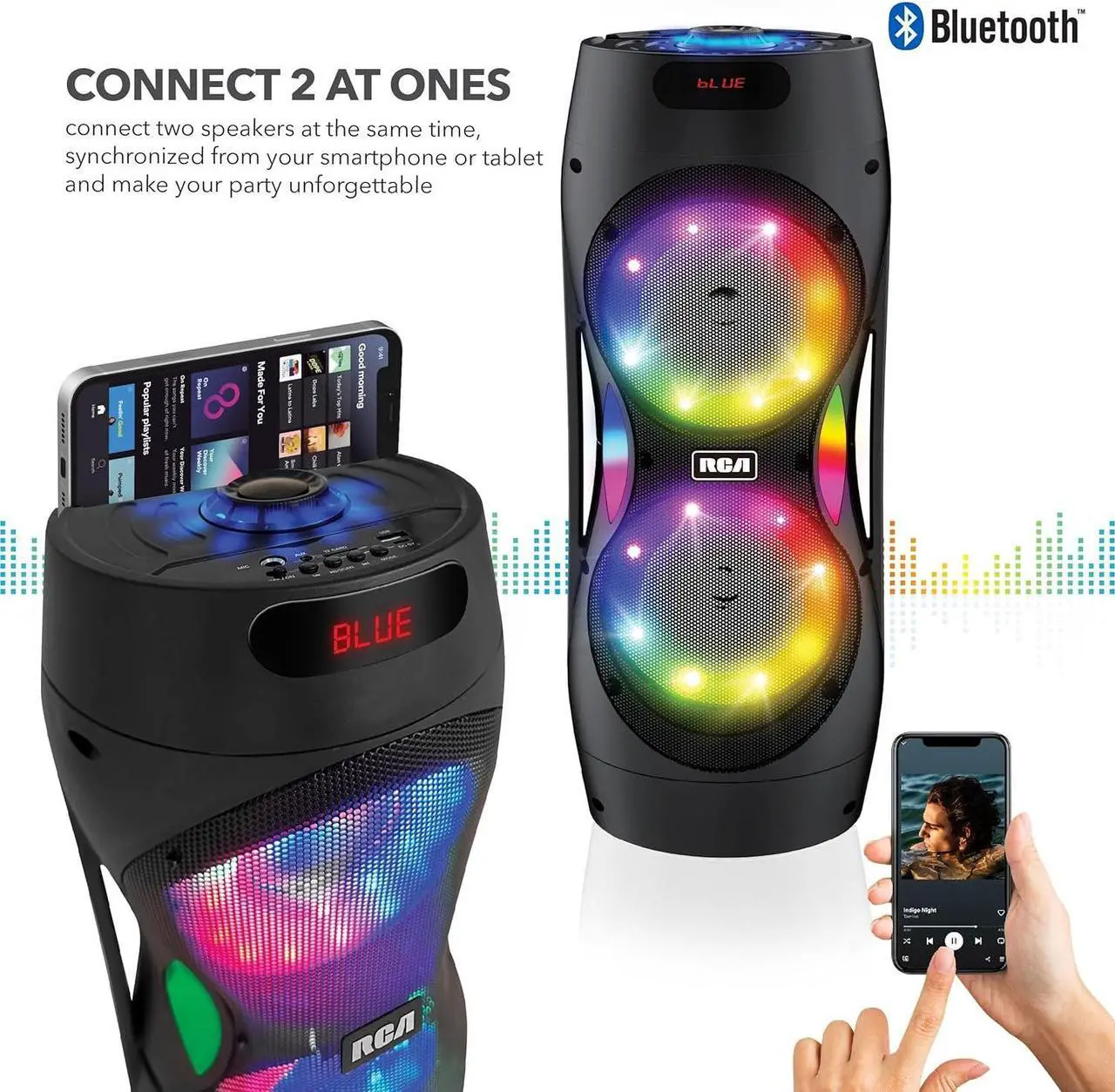 Alt view image 6 of 7 - RCA Disco 206 RGB Bluetooth Speaker with Mic & LED Light Show, Dual 6.5" Woofers, Mic Input, and Built-in FM Radio