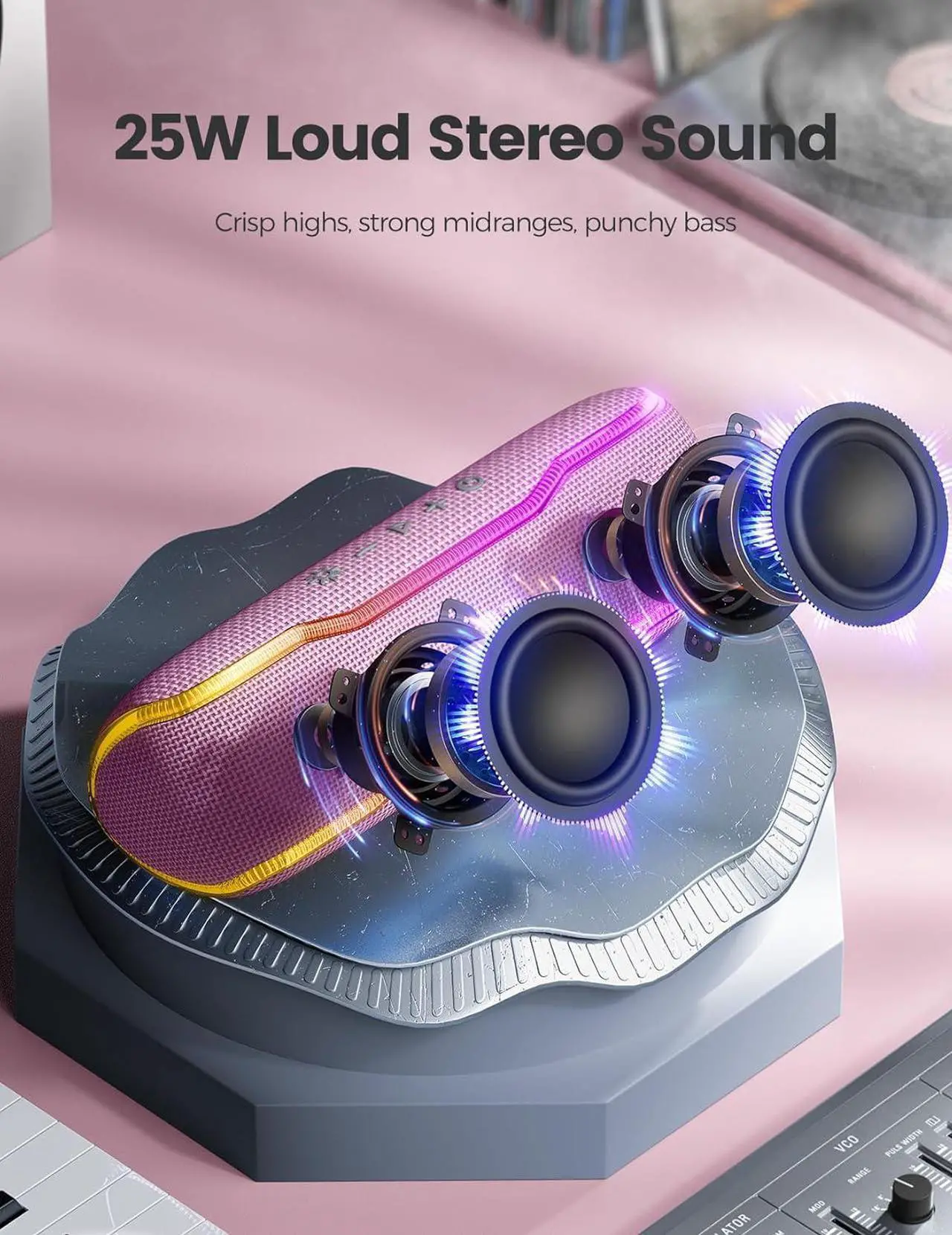 Alt view image 2 of 7 - Portable Bluetooth Speaker, IPX7 Waterproof Wireless Speaker with Colorful Flashing Lights, 24H Playtime, 100ft Bluetooth Range, Outdoor, Home Speaker, TWS Pairing for Women, Girls Gift - Pink