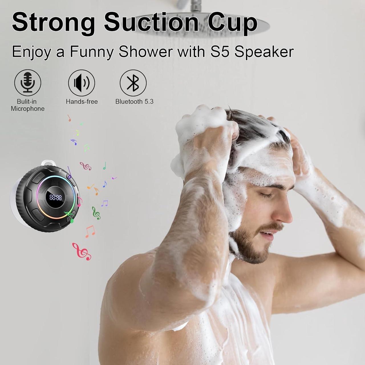 Alt view image 2 of 7 - Bluetooth Shower Speaker, 2024 Portable Speakers Bluetooth 5.3 IPX7 Waterproof Wireless Speaker with LED Light, 360° Sound Mini Portable Speaker with Suction Cup and Hand Free Mic for Bathroom/Outdoor