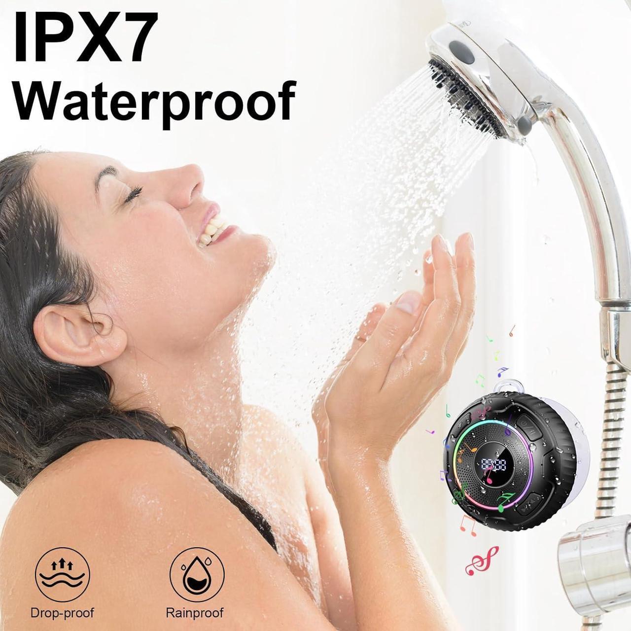 Alt view image 3 of 7 - Bluetooth Shower Speaker, 2024 Portable Speakers Bluetooth 5.3 IPX7 Waterproof Wireless Speaker with LED Light, 360° Sound Mini Portable Speaker with Suction Cup and Hand Free Mic for Bathroom/Outdoor